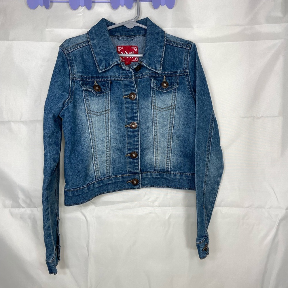 NWOT YMI‎ youth girl’s medium/light wash blue denim stretch button jean jacket S